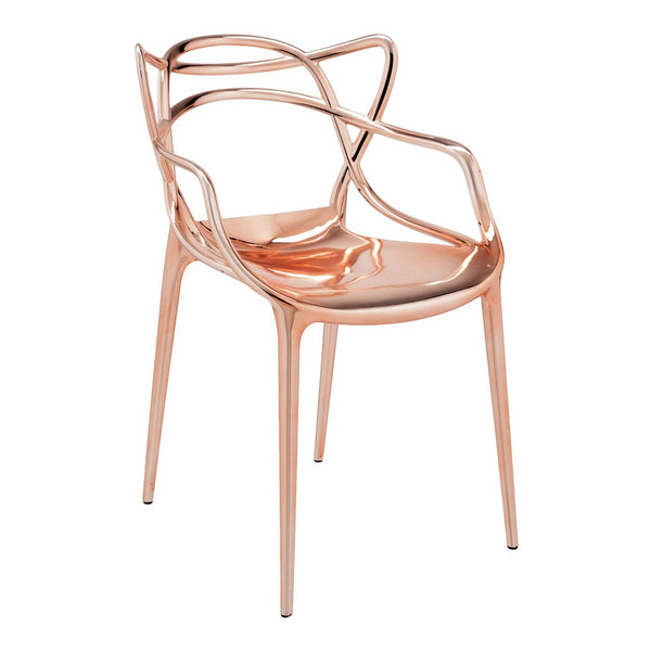 Metallic rose gold chair with a sleek, modern design and intricate crisscross patterns. Perfect for stylish decor.