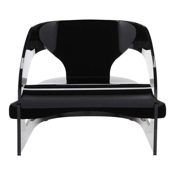 Modern black and clear acrylic chair with smooth, sleek lines and a minimalist design. Ideal for contemporary decor.