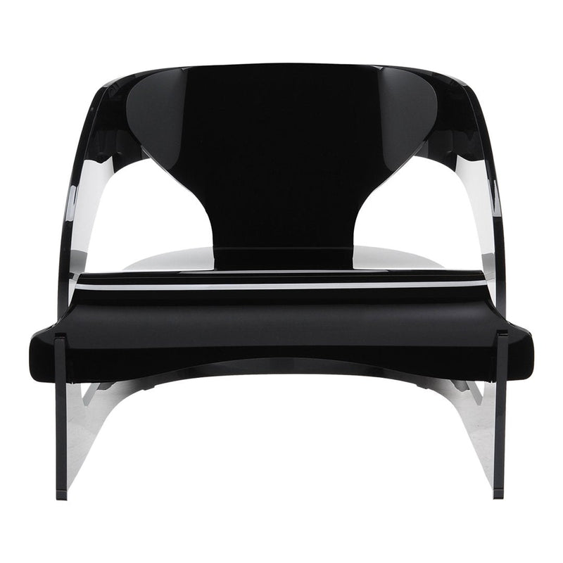 Modern black and clear acrylic chair with smooth, sleek lines and a minimalist design. Ideal for contemporary decor.