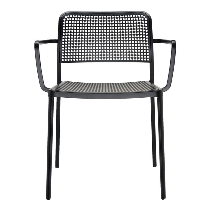 Stylish black chair with a perforated pattern and sleek armrests, perfect for modern decor.