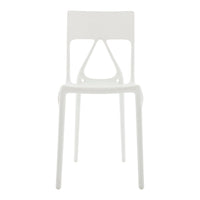 White plastic chair with a sleek design, featuring a minimalist style and smooth, glossy finish.