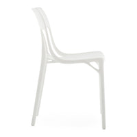 White modern chair with a sleek, minimalist design and smooth, curved lines against a white background.