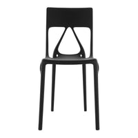 Modern black chair with a sleek design and unique cut-out pattern, ideal for minimalist decor.