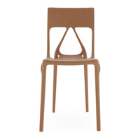 Brown plastic chair with unique cutout design, featuring a smooth, modern finish. Perfect for contemporary spaces.