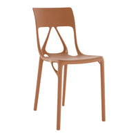 Brown plastic dining chair with a modern design and smooth finish, showcasing elegant curves and minimalistic style.