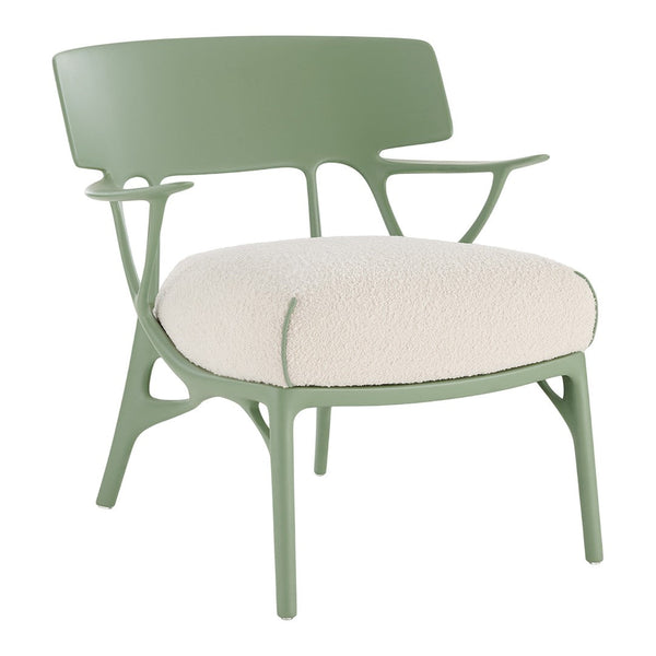 Green chair with a textured cream cushion, featuring modern and stylish design elements. Perfect for any decor.