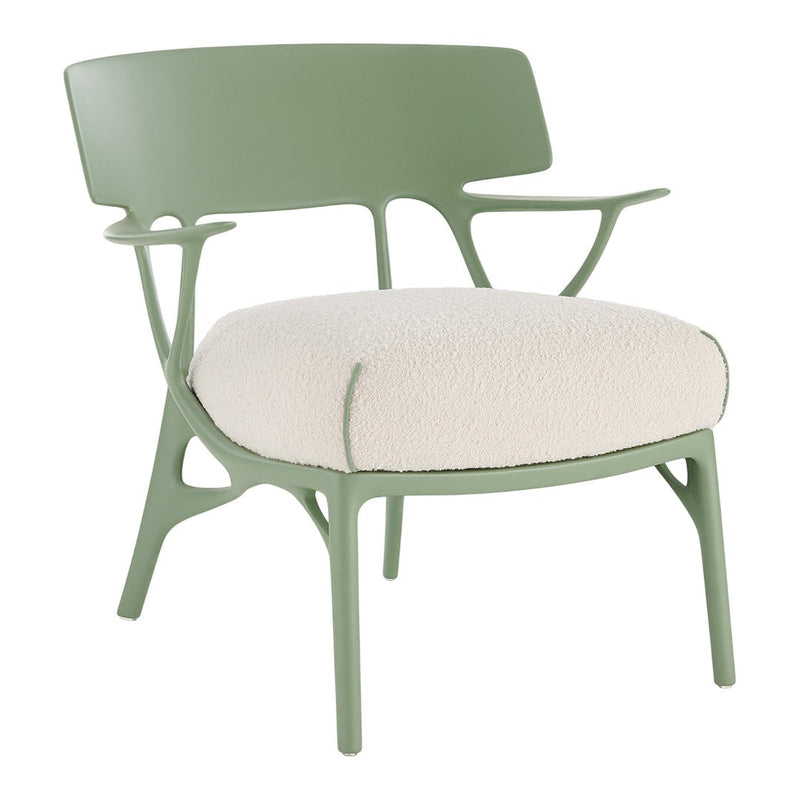 Green chair with a textured cream cushion, featuring modern and stylish design elements. Perfect for any decor.