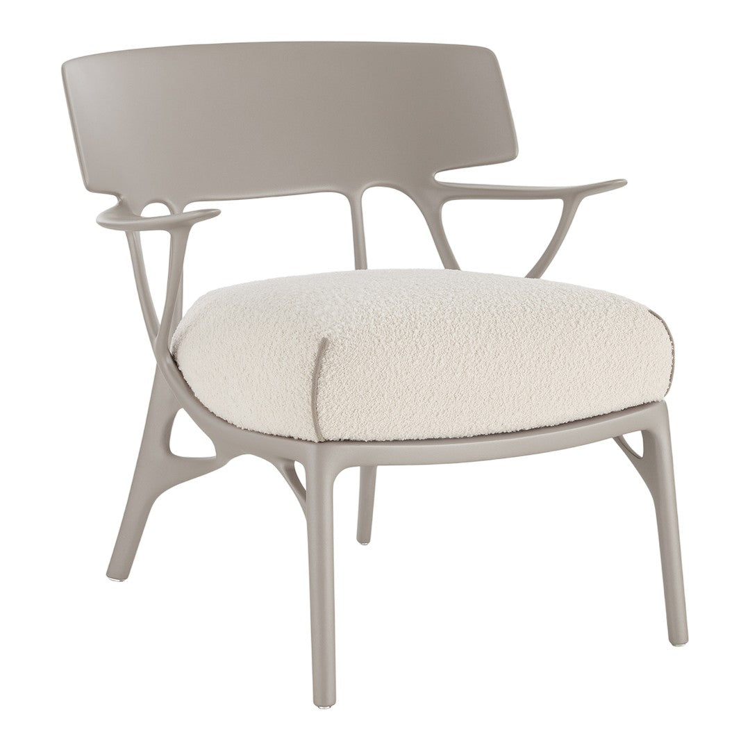 Stylish beige chair with a textured cream seat, featuring smooth lines and modern design elements.