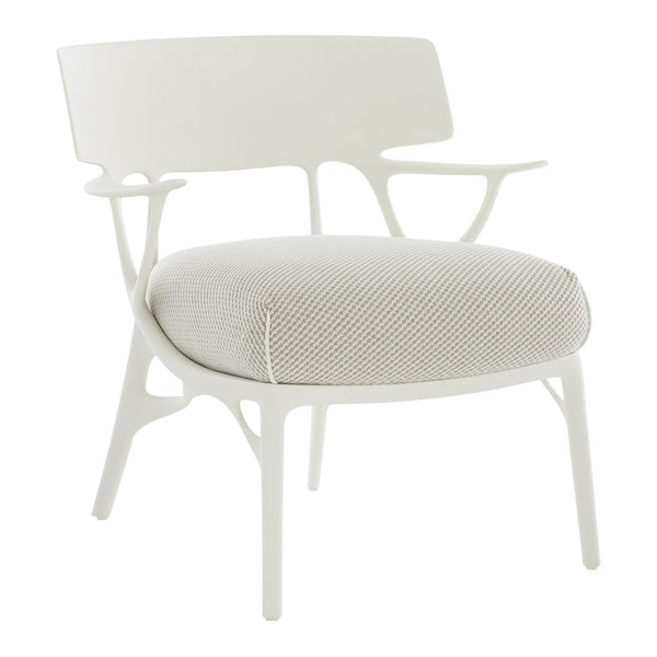 White chair with a textured light beige cushion, featuring a subtle geometric pattern. Ideal for modern decor.