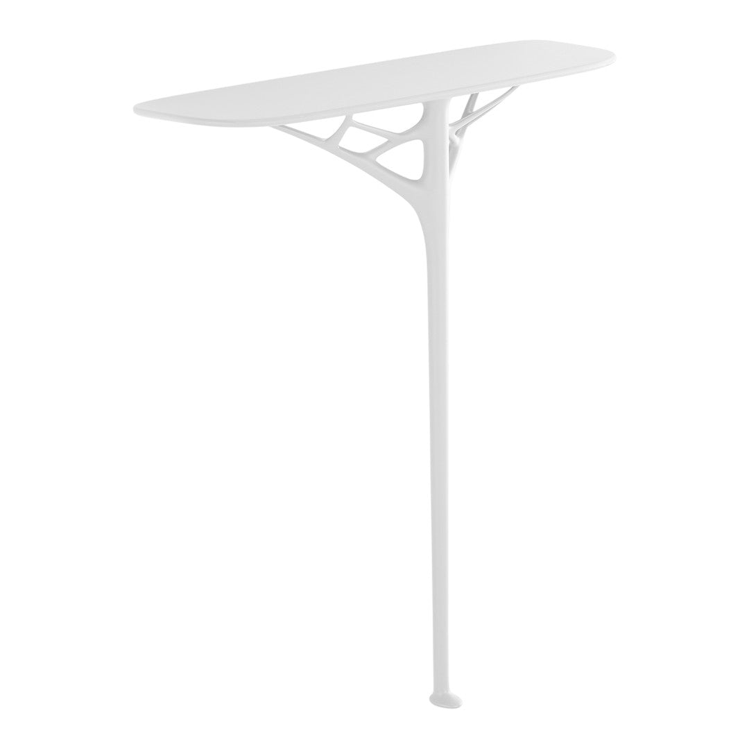 Sleek white table with an organic pattern, featuring a minimalist design and smooth surface. Perfect for modern spaces.