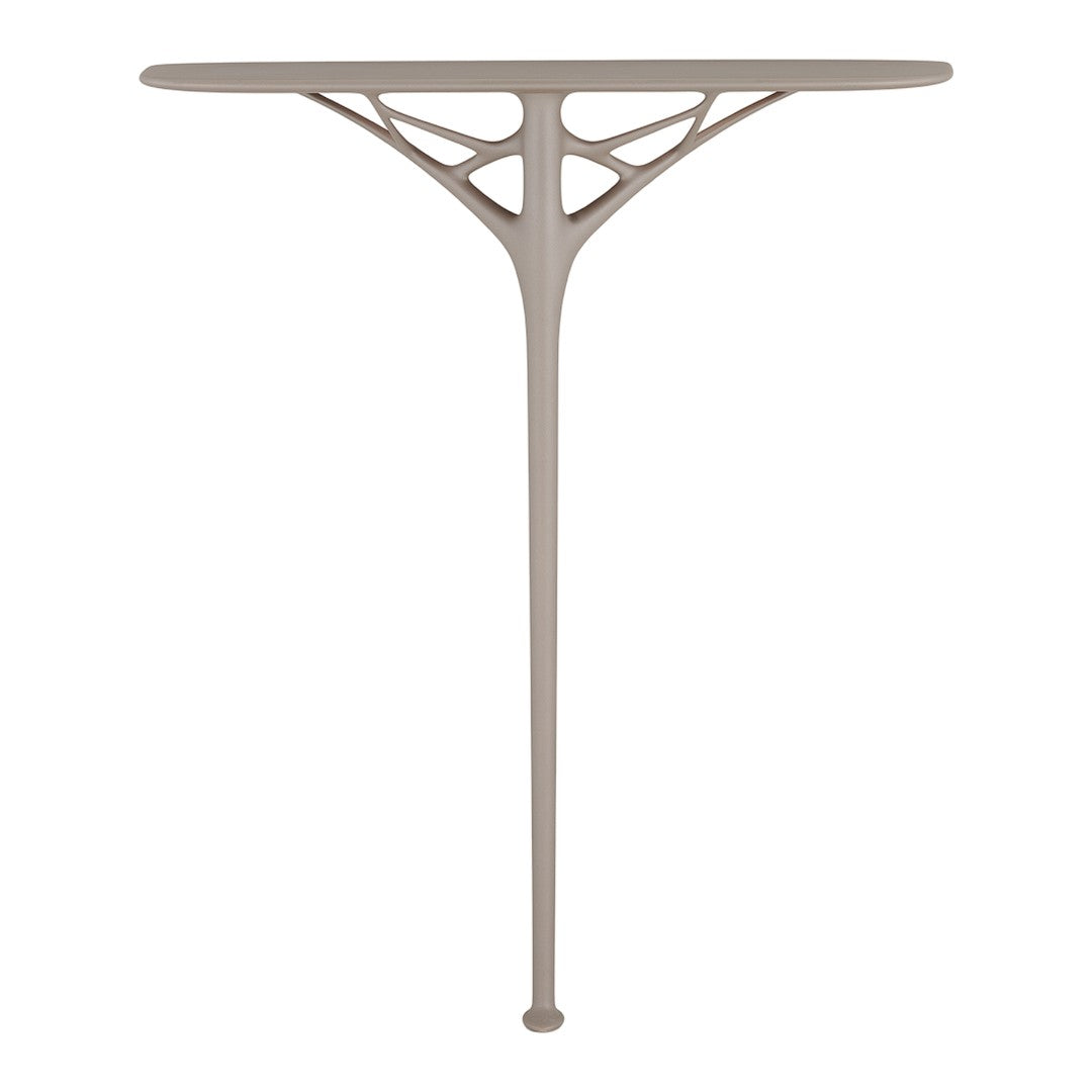 Modern taupe table with a unique, geometric pattern and sleek silhouette, perfect for contemporary decor.