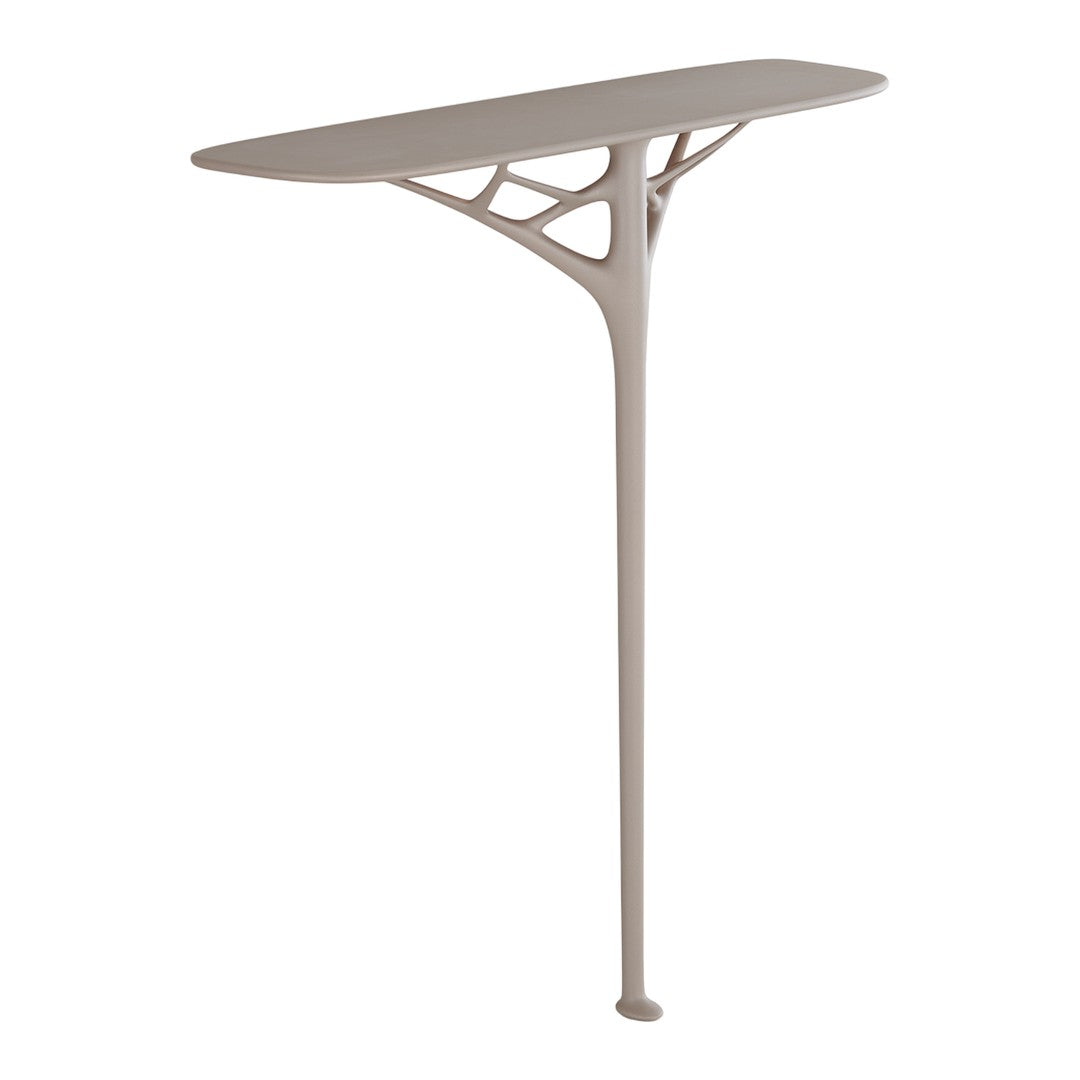 Sleek modern console table in soft beige with organic, branch-like design and smooth, elongated surface.