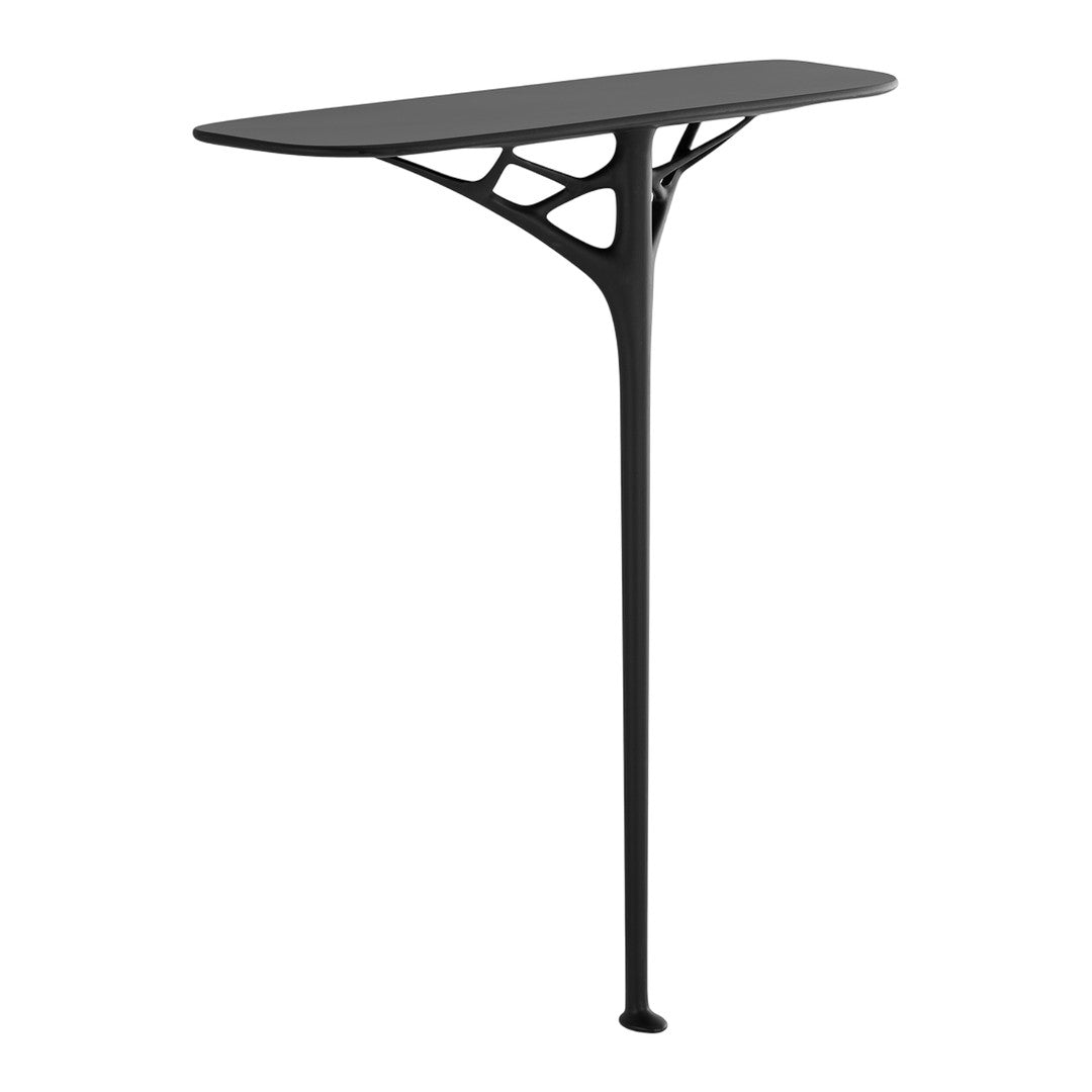 Sleek black table with an organic pattern, featuring a unique, sculptural base for modern aesthetic appeal.