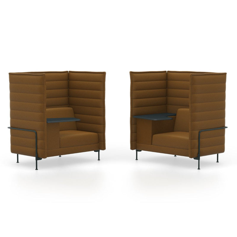 Brown upholstered booth seating with a minimalist design and sleek black metal legs. Modern and versatile.