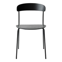 Black metal chair with a sleek design and smooth gray wooden seat, ideal for modern decor.