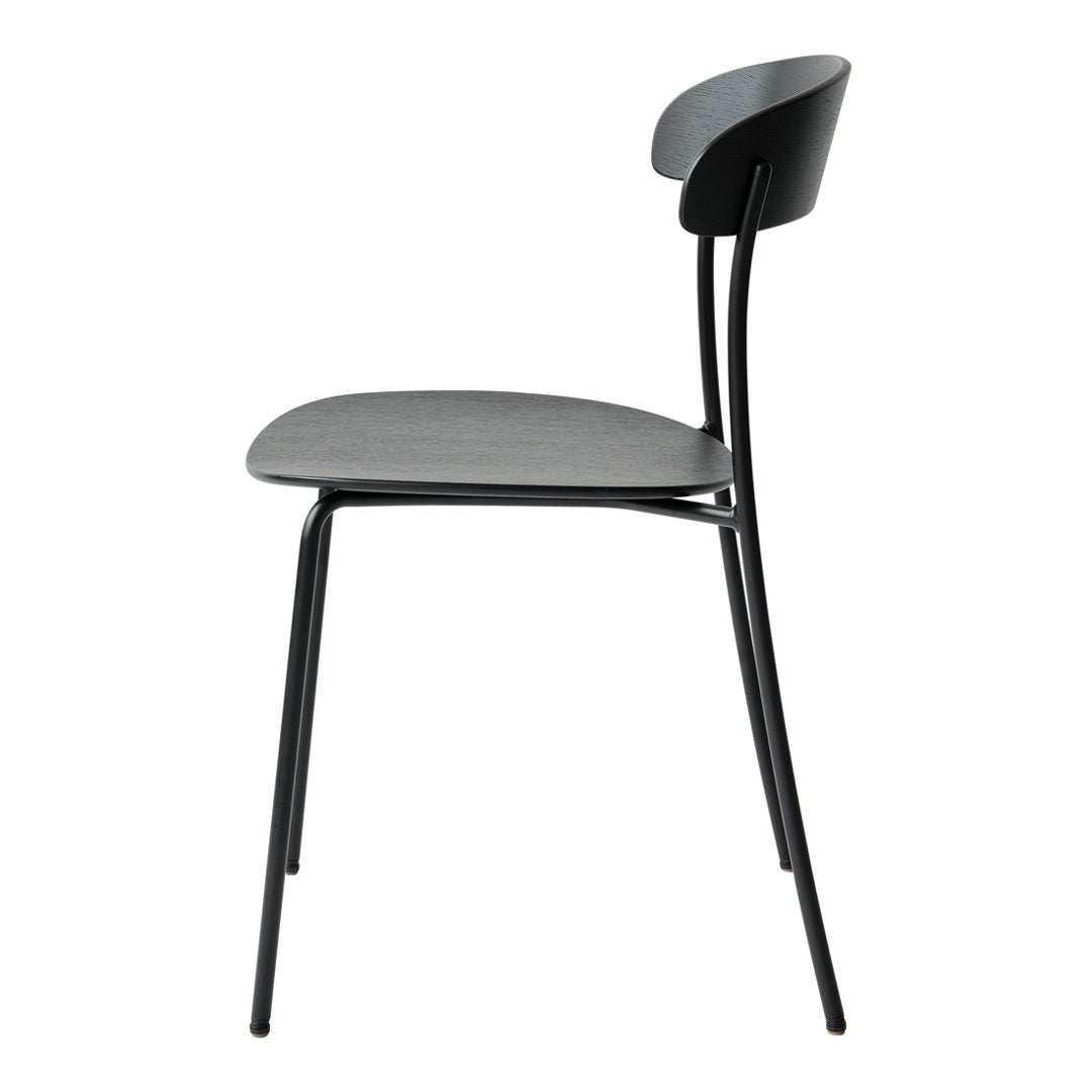 Sleek black chair with a smooth gray seat and backrest, featuring modern minimalist design.
