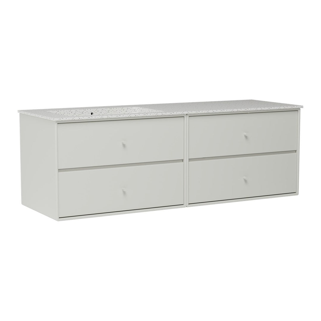 Light gray, minimalist dresser with four smooth front drawers and simple round knobs, no patterns.