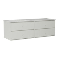 Light gray, minimalist dresser with four smooth front drawers and simple round knobs, no patterns.
