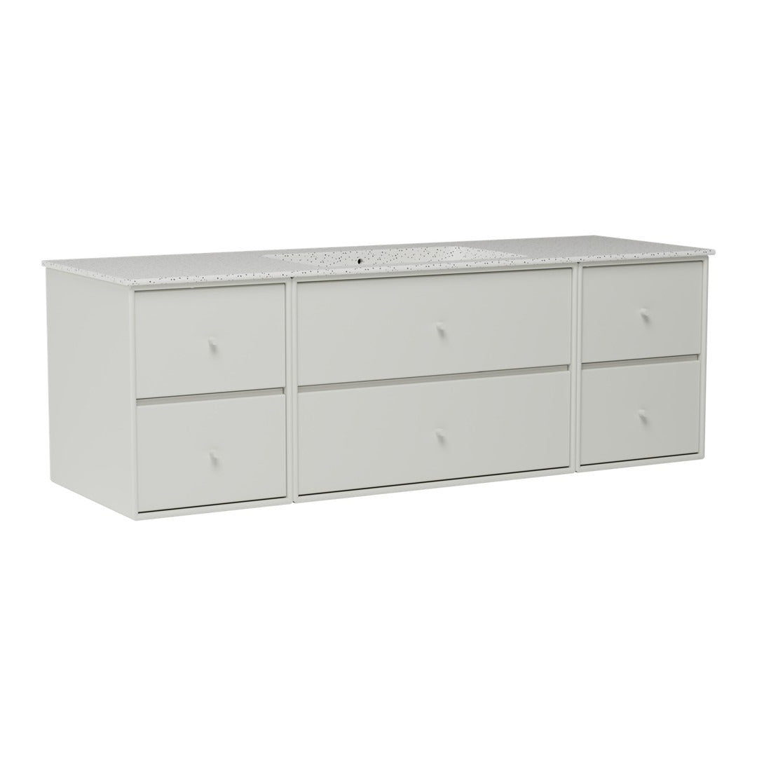 Light gray six-drawer storage unit with a smooth surface and minimalistic design, perfect for modern decor.