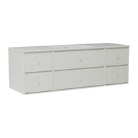Light gray six-drawer storage unit with a smooth surface and minimalistic design, perfect for modern decor.