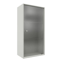 White storage cabinet with a sleek, smooth surface and subtle vertical ribbed texture on the doors.