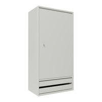Minimalist gray wardrobe with a sleek design featuring solid surfaces and a contrasting black drawer handle.