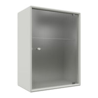 White cabinet with clear corrugated glass doors, featuring a smooth, sleek design and modern minimalist aesthetic.