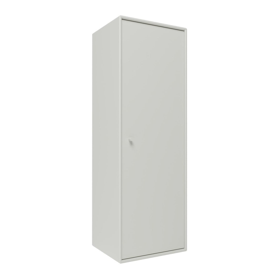 Tall, sleek storage cabinet in smooth, matte light gray finish, featuring a clean, minimalist design.