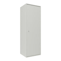 Tall, sleek storage cabinet in smooth, matte light gray finish, featuring a clean, minimalist design.