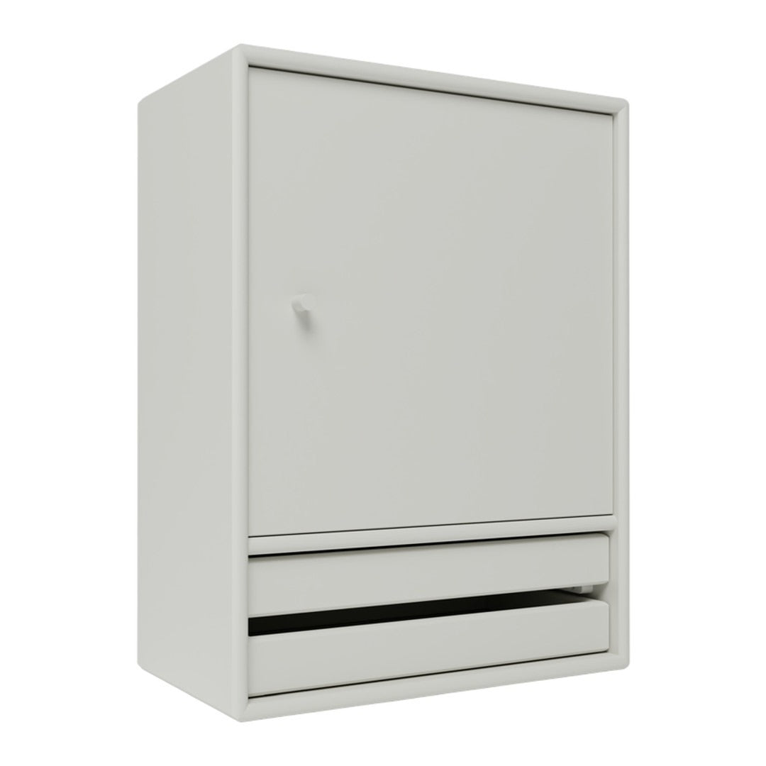 Minimalistic light gray cabinet with a smooth finish and subtle accents, featuring a single drawer and door.