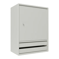 Minimalistic light gray cabinet with a smooth finish and subtle accents, featuring a single drawer and door.