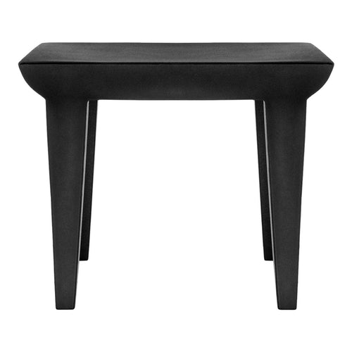 Black upholstered stool with a smooth texture and minimalist design, featuring clean lines and a sleek silhouette.