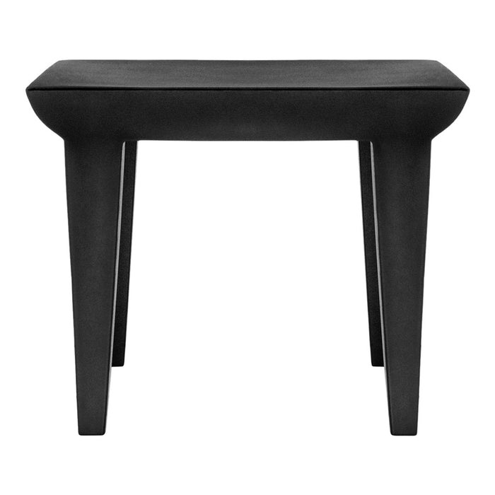 Black upholstered stool with a smooth texture and minimalist design, featuring clean lines and a sleek silhouette.