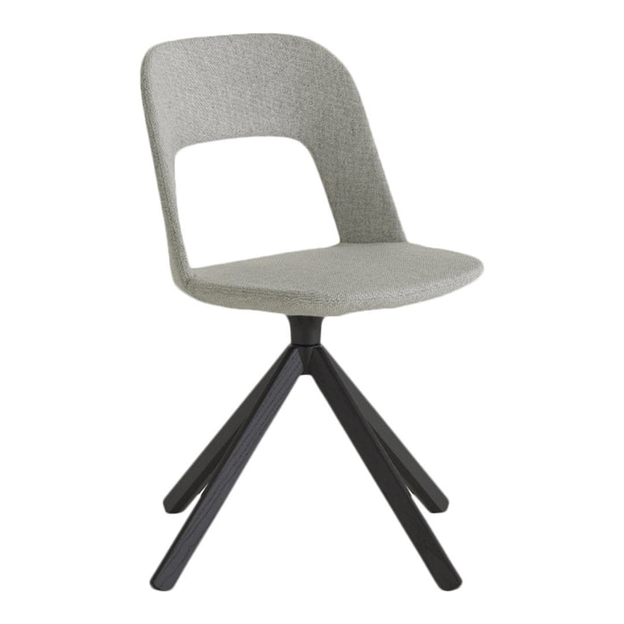 Light gray upholstered chair with a sleek design and black wooden legs, perfect for modern decor.