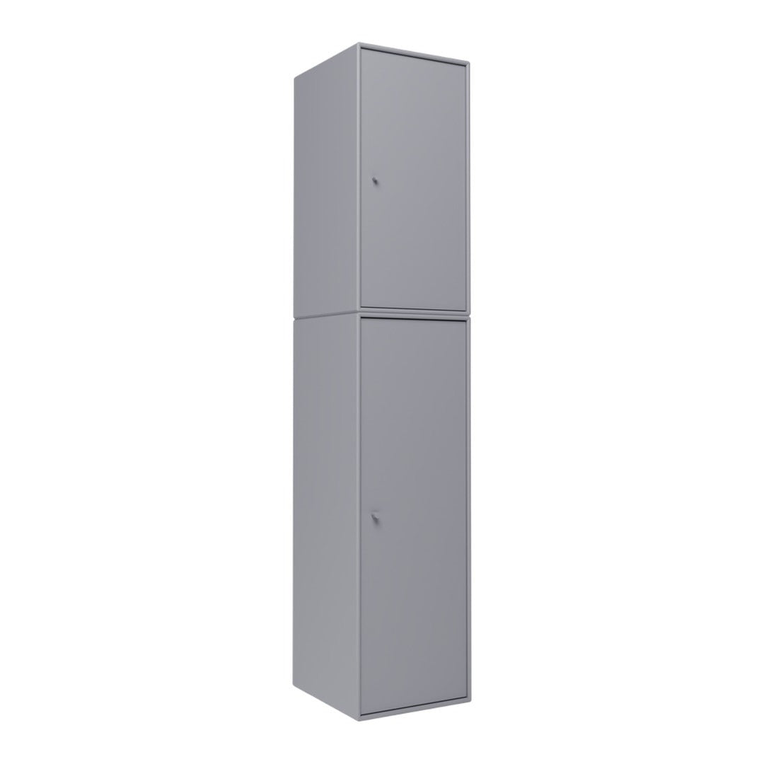 Tall, sleek gray storage cabinet with a minimalist design and smooth surface, suitable for modern interiors.
