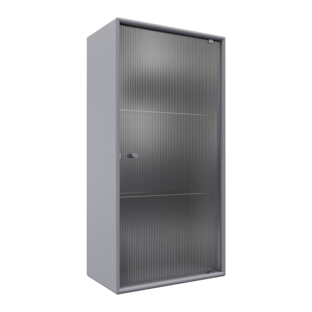 Gray metal cabinet with a sleek, modern design and vertical ribbed pattern on the door.