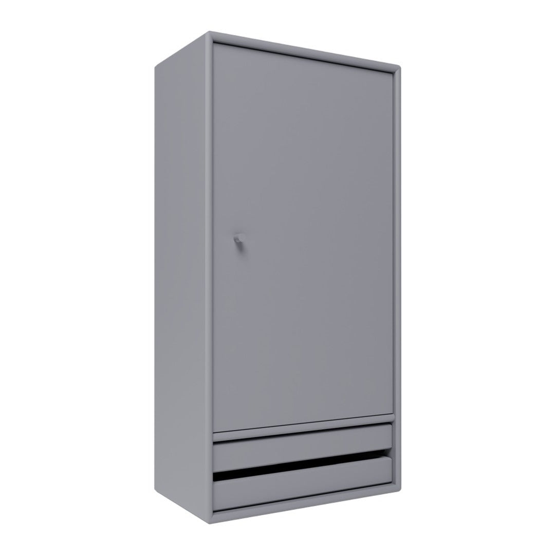 Sleek grey cabinet with a smooth finish and minimalist design, featuring a textured handle and subtle drawer accents.