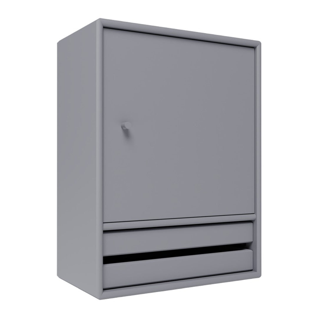Gray cabinet with a smooth finish and a small indentation, featuring a single drawer below. Modern and minimalist design.