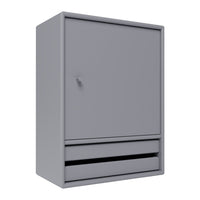 Gray cabinet with a smooth finish and a small indentation, featuring a single drawer below. Modern and minimalist design.