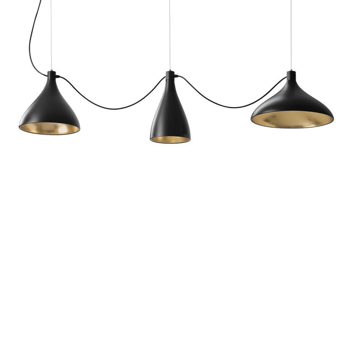 Black pendant lights with gold interiors, featuring a sleek, modern design and a smooth finish. Perfect for contemporary decor.