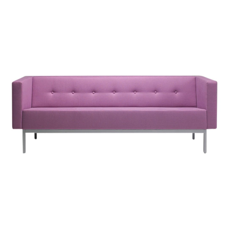 Stylish pink upholstered sofa with a tufted design and sleek silver legs. Perfect for modern decor.