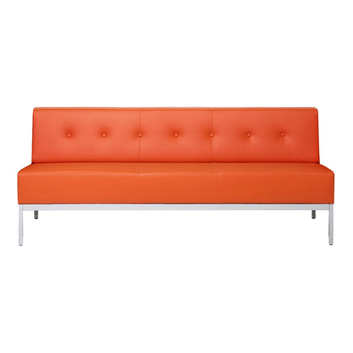 Orange tufted sofa with smooth leather finish and sleek silver legs. Modern design ideal for contemporary spaces.