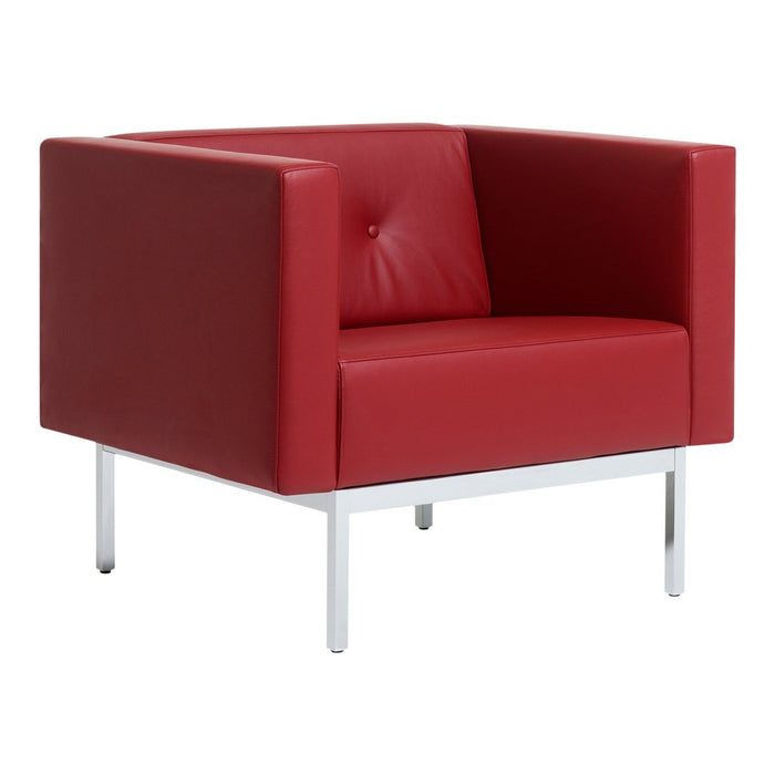Red leather armchair with button-tufted design and sleek silver metal legs. Modern, bold, and stylish furniture piece.