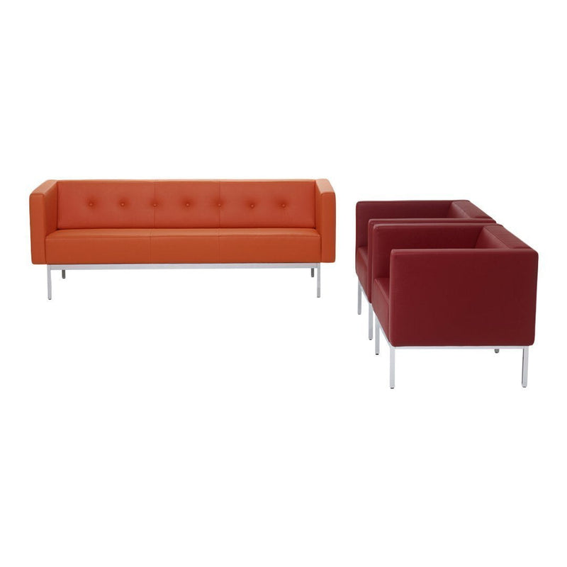 Orange tufted sofa and deep burgundy armchairs with sleek silver legs, ideal for modern decor.