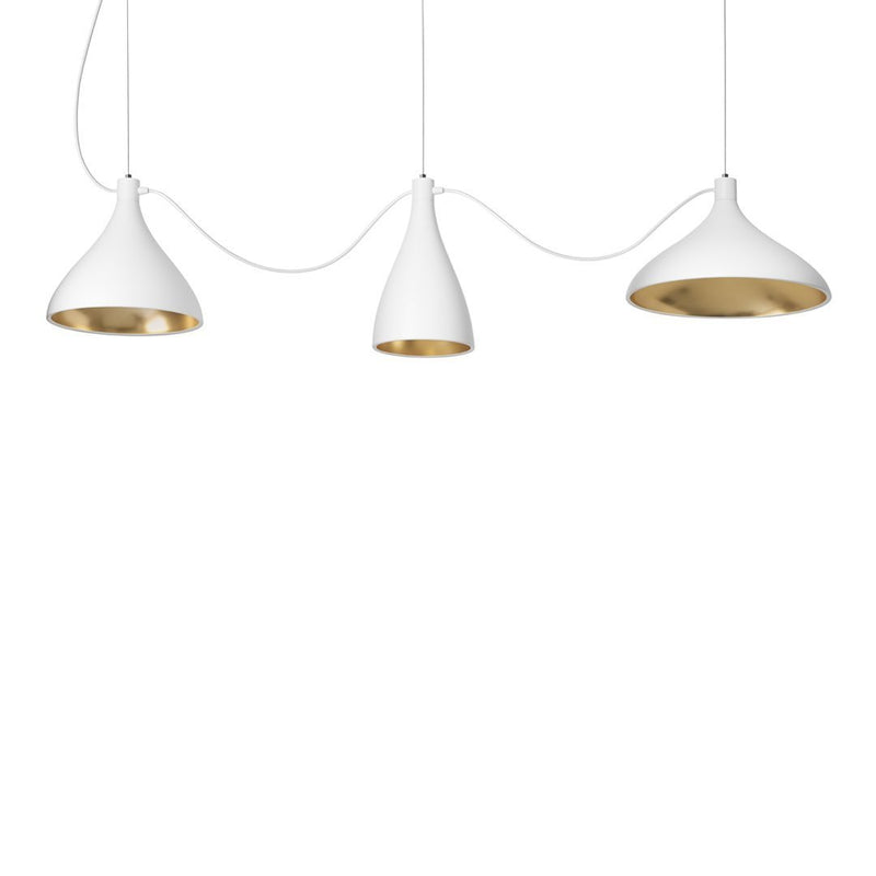 Modern pendant light in white with gold interior, featuring three unique teardrop shapes and sleek suspension cables.
