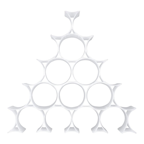 White geometric shelves in a pyramid design with circular cutouts, showcasing a modern and minimalist aesthetic.