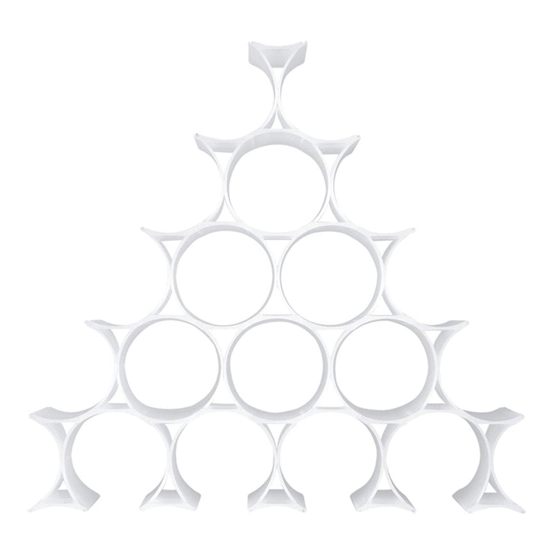 White geometric shelves in a pyramid design with circular cutouts, showcasing a modern and minimalist aesthetic.