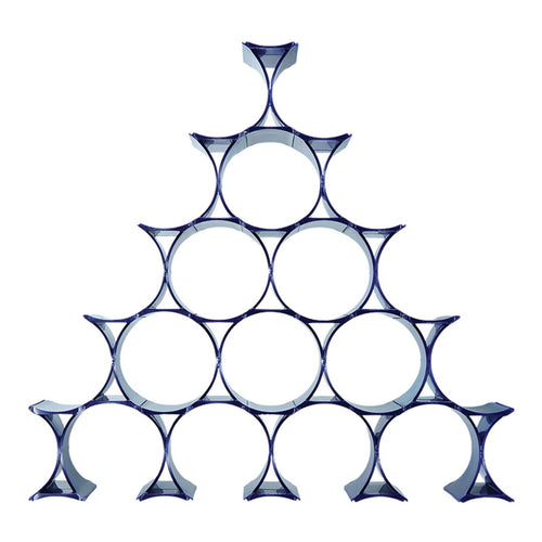 Geometric wine rack in blue and clear, featuring a modern triangular design with circular storage spaces.