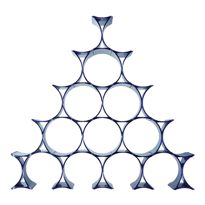 Geometric wine rack in blue and clear, featuring a modern triangular design with circular storage spaces.
