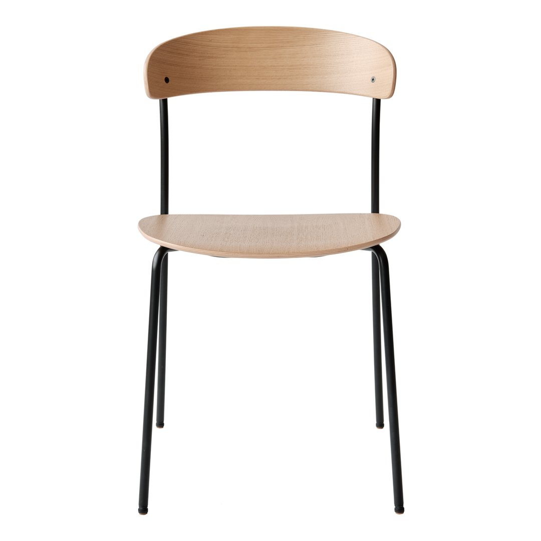 Natural wood grain with a minimalist design, featuring a light brown seat and backrest, paired with sleek black metal legs.